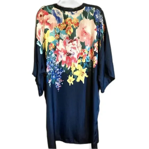 SOLD Johnny Was Malani 100% Silk Floral Print Long Kimono Tunic Navy Blue Size M - Picture 12 of 16